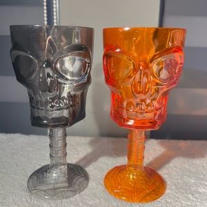 2 Orange/Gray Skeleton Skull Plastic Wine Goblet Halloween Cups Glasses 12oz